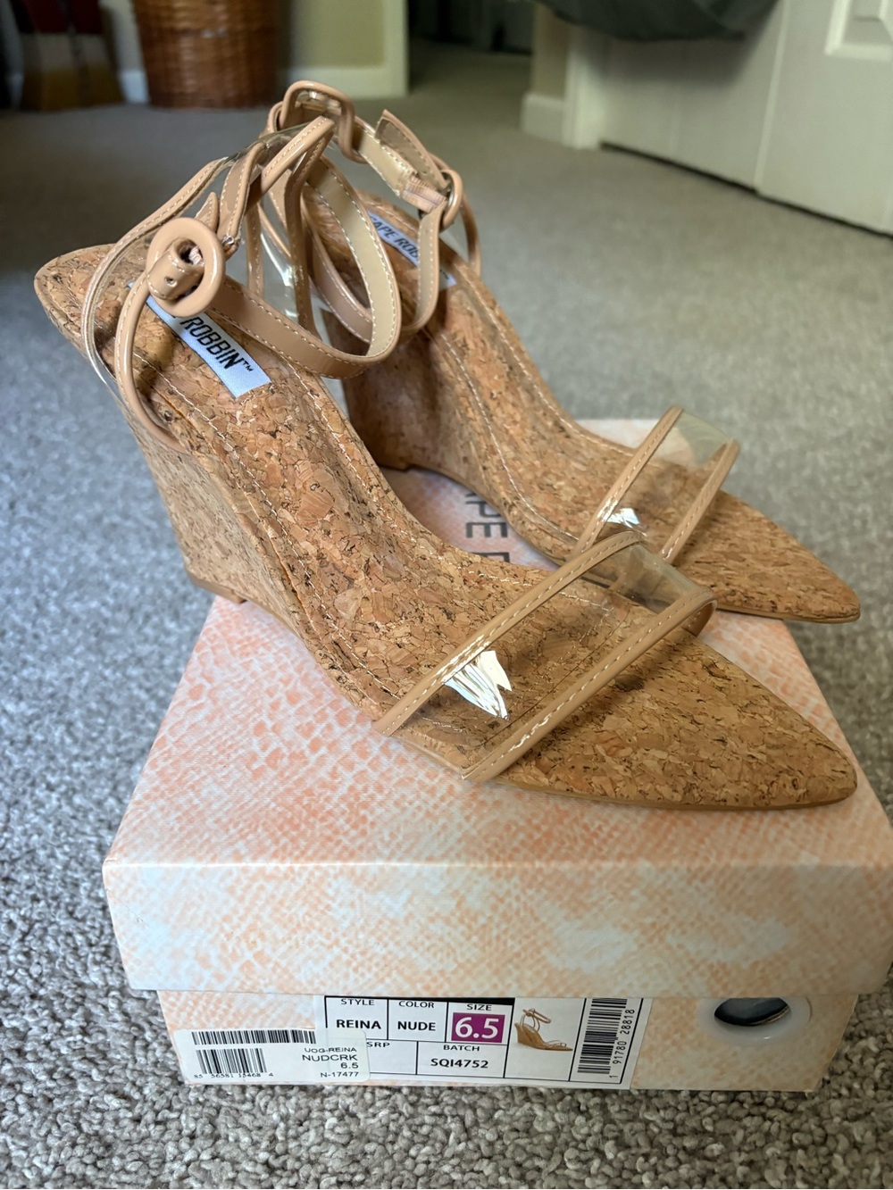 Cape Robbin Clear Strap Cork Wedge Pointy Toe Wedges